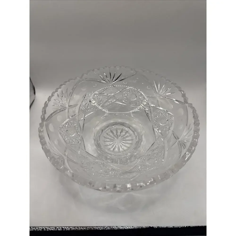 Vintage Heavy Cut Crystal Bowl 9” Starburst Geometric Pattern Centerpiece *